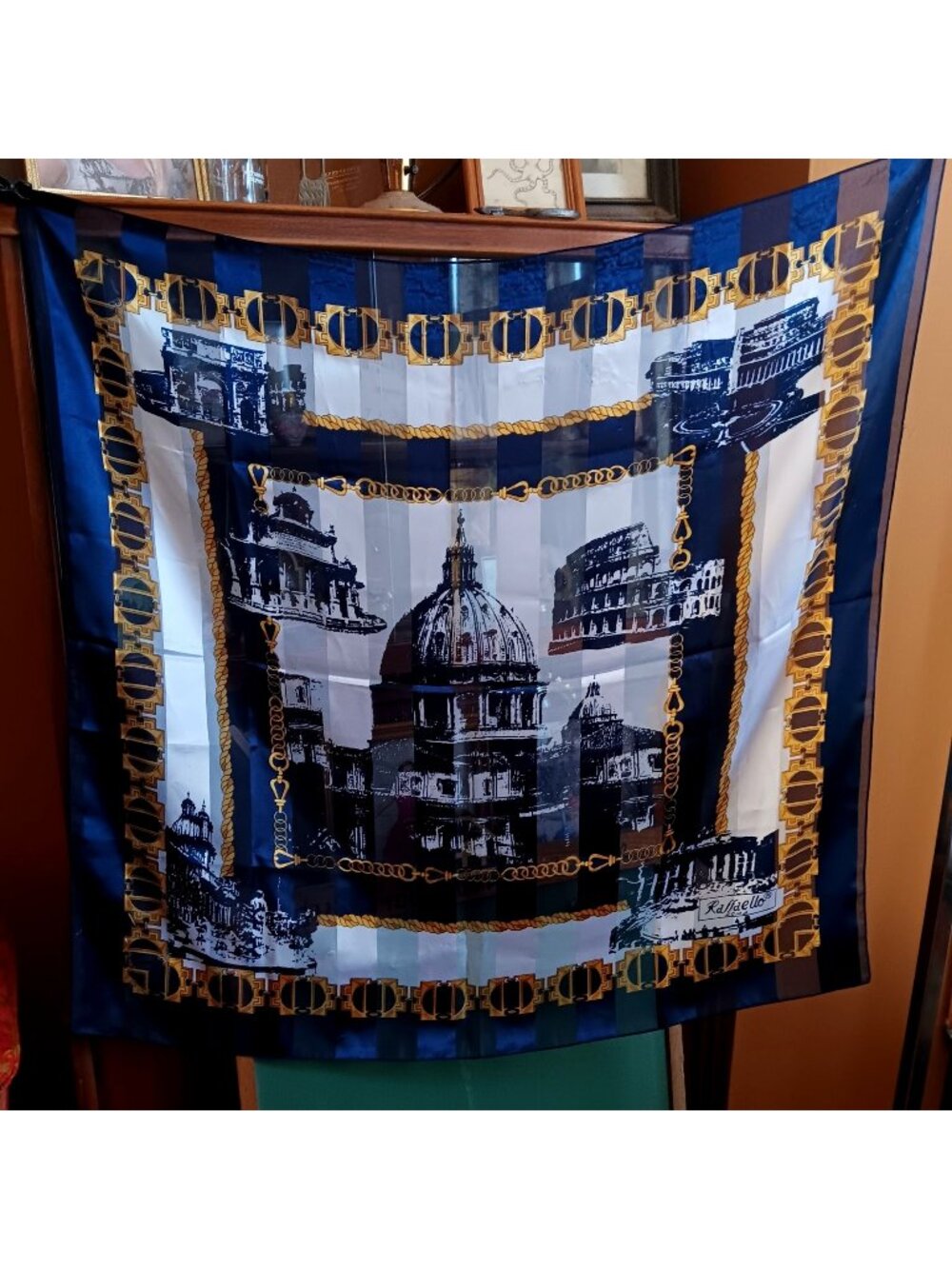 Large 40x40" Raffaello Roma Blue Gold Chain Scarf With Italian Landmark Design